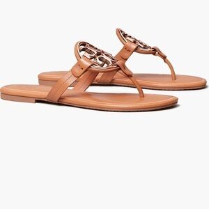 Preowned Tory Burch Metal Miller Calf Leather Tan/Rose Gold 8.5 M